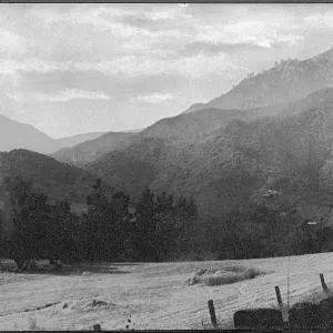 Black and white panorama photograph of a mountain range with a field, fence, and treeline in the foreground