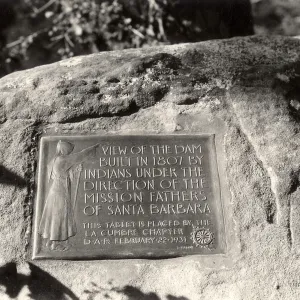 Plaque at Mission Dam Overlook, placed by DAR February 22, 1931