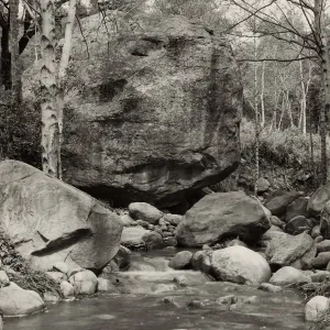 Mission Creek flowing beside the Lassiter Boulder, ©Josef Muench