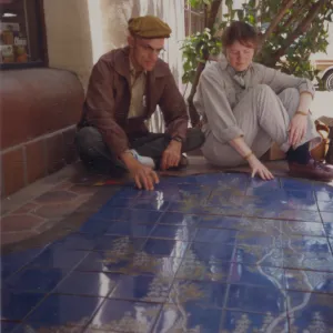 Dara Emery and Judy Sutcliffe with La Arcada tile fountain