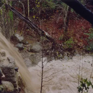 Mission Creek flooding through the flue at Mission Dam
