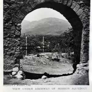 view under archway of Mission Aqueduct, Santa Barbara