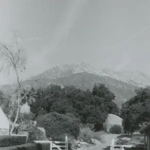 mountain view across the courtyard from the Blaksley Library, 1960's