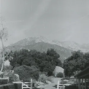mountain view across the courtyard from the Blaksley Library, 1960's