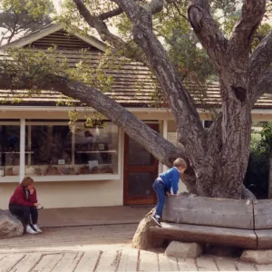 Gift shop exterior, railroad tie decking, wood bench by entrance oak