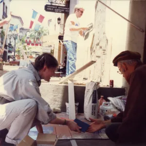 Judy Sutcliffe & Dara Emery put together lupine design on tiles for La Arcada fountain