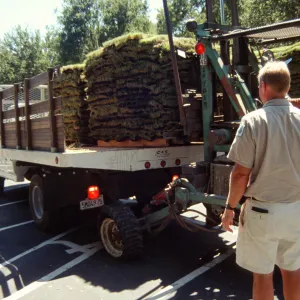 tractor unloading sod for the new Meadow lawn Installation