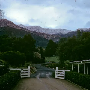 Garden from Library steps, snow on Santa Ynez