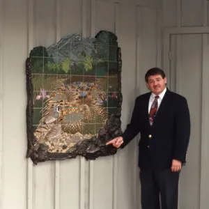 Ed Schneider with new Information Kiosk Memorial Tile Mosaic