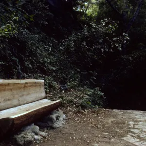 wood bench on east side of Mission Dam, Mission Canyon