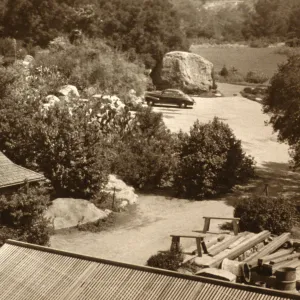 view from new Blaksley Library roof top, SBBG Courtyard and Blaksley Boulder, 1942