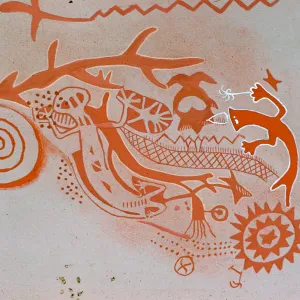 An orange pictograph beaturing concentric circles, zig-zagging lines, and lizard-like figures on a white background.