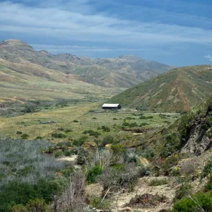 View of Christy Barn and inland road to Pozo, Santa Cruz Island