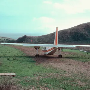 "Islander" taking off on ranch airstrip, Santa Cruz Island